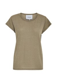 T-shirt khaki a maniche corte realizzato in tessuto testurizzato, con scollatura rotonda e un design minimalista con etichetta sul retro.