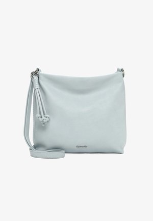Light blue leather crossbody bag with a textured finish, a detachable shoulder strap, and a knotted tassel accent. Silver-tone hardware.