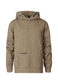 Sudadera con capucha en beige claro, con un patrón texturizado de letras, cordón ajustable y un bolsillo frontal con detalle de logo.