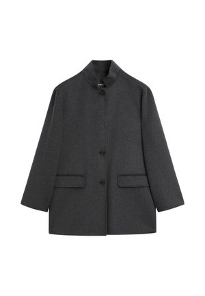 Gray woolen coat with a high collar, two front pockets, and a single button closure. Features a straight, structured silhouette.