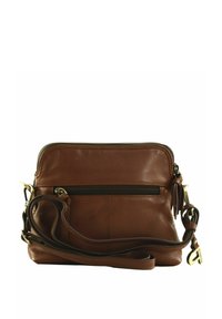 Bruine leren crossbody tas met een ritsluiting, voorvak en verstelbare schouderriem. Gladde textuur, rechthoekige vorm en gouden hardware accenten.