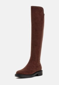 Stivali marroni sopra il ginocchio in suede con una texture liscia, punta rotonda, suola piatta e dettagli di cucitura minimi.