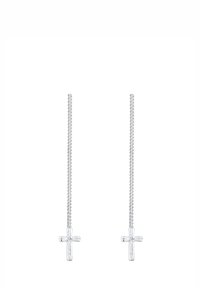 Boucles d'oreilles en argent avec des maillons allongés, se terminant par de petites croix. Texture lisse avec une finition brillante.
