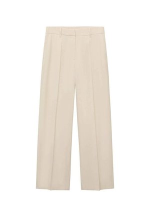 Pantalones de pierna ancha beige con una textura suave, dos pliegues frontales, una cintura ajustada y sin bolsillos visibles ni detalles de hardware.