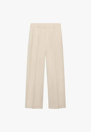 Beige široke hlače od glatkog materijala, s dva prednja nabora, prilagođenim pojasom i bez vidljivih džepova ili metalnih detalja.