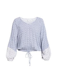 Blauwe en witte gebloemde cropped blouse met een V-hals, lange pofmouwen en een strikdetail in de taille. Bevat een geometrisch bloemenpatroon.