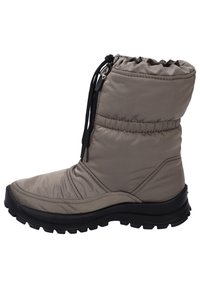 Geïsoleerde beige winterlaarzen met een hoge, geplooide schacht, versterkte zwarte rubberen zool en verstelbare trekkoordsluiting voor een veilige pasvorm.