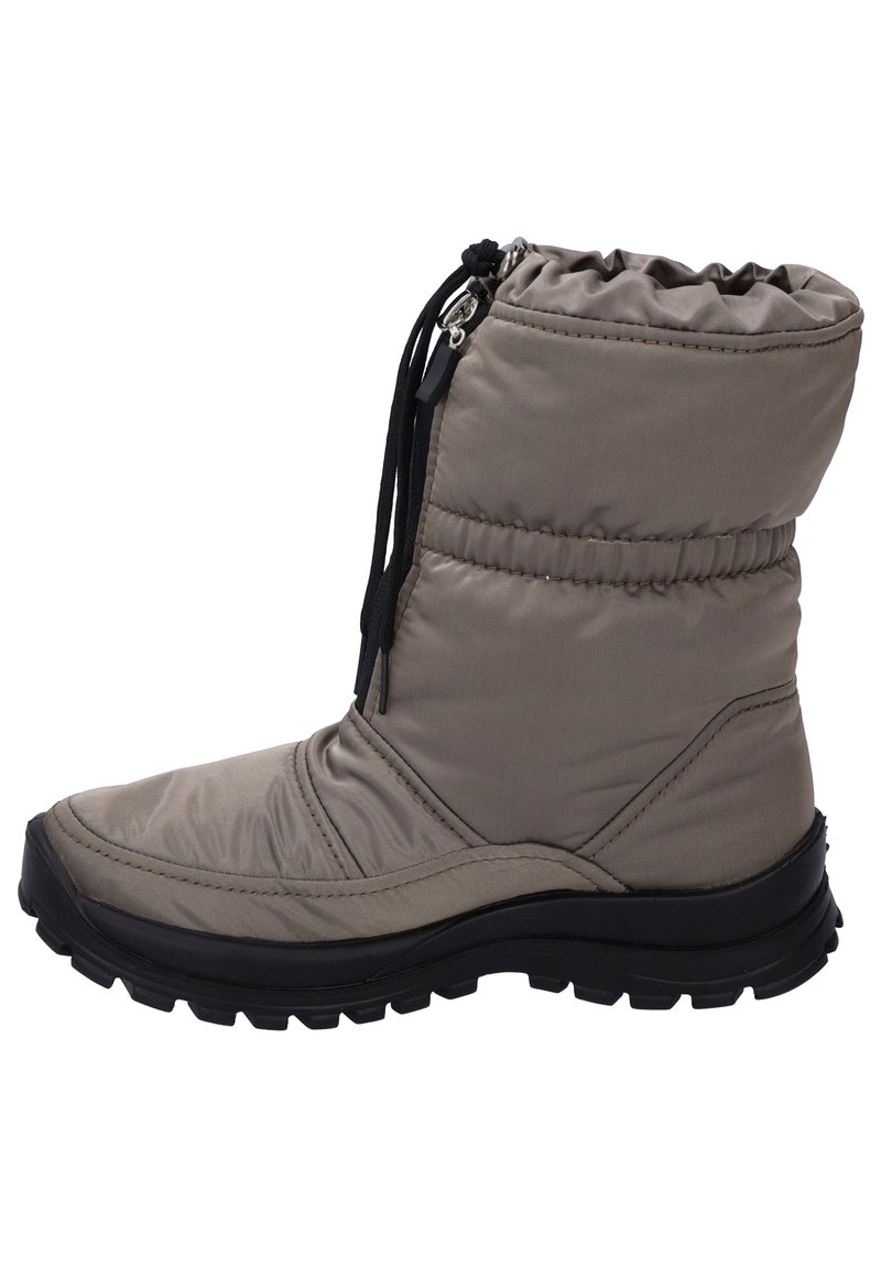 Geïsoleerde beige winterlaarzen met een hoge, geplooide schacht, versterkte zwarte rubberen zool en verstelbare trekkoordsluiting voor een veilige pasvorm.