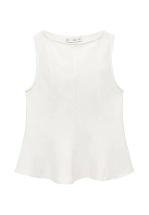 Bijela majica bez rukava s okruglim izrezom, raširenim rubom i suptilnim vertikalnim šavovima. Napravljena od glatkog, laganog materijala.