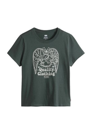 Mørkegrøn bomuld T-shirt med korte ærmer, rund hals og grafisk print af vinger og teksten "Quality Clothing 1853" i lys grå.