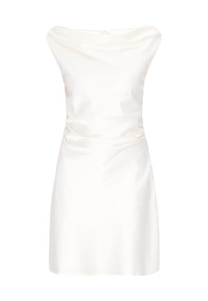Short white satin sleeveless dress with a cowl neckline and slight draping at the waist.