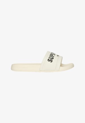 Weiße Rutschen-Sandale mit einem breiten Riemen, der den schwarzen Schriftzug "SUPERDRY" trägt. Glattes synthetisches Material, flacher Absatz und minimalistisches Design.