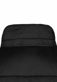 Svart dunjakke med høy krage. Stoffet er glatt og litt skinnende, med horisontale quiltede paneler og minimalistisk søm.