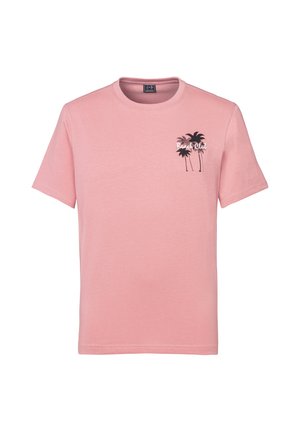 Pink short-sleeve t-shirt with a small black palm tree design and "Beach Club" text on the left chest.