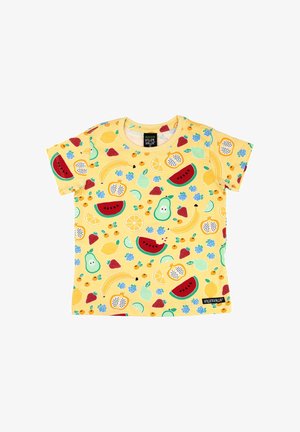 Yellow short-sleeve t-shirt featuring a fruity pattern of watermelon, lemons, strawberries, and flowers. Comfortable cotton fabric.