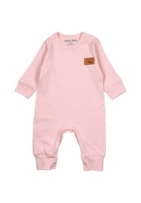 Rosa geripptes Baby-Overall mit langen Ärmeln, Druckknöpfen am Hals und am Boden sowie einem braunen Lederetikett auf der Vorderseite. Weicher, elastischer Stoff.