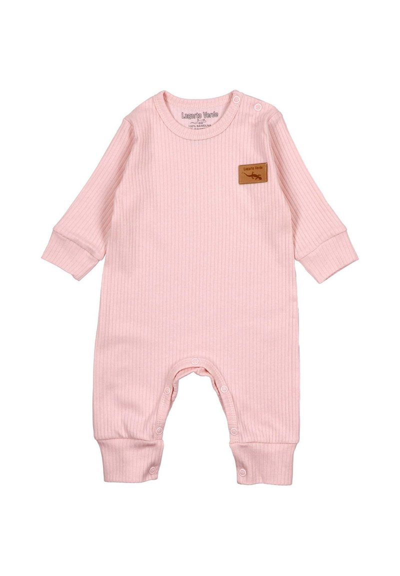 Rosa geripptes Baby-Overall mit langen Ärmeln, Druckknöpfen am Hals und am Boden sowie einem braunen Lederetikett auf der Vorderseite. Weicher, elastischer Stoff.