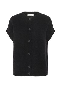 Black short-sleeve cardigan made of soft, textured fabric, featuring a round neckline and six black buttons down the front.