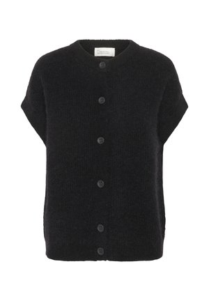 Black short-sleeve cardigan made of soft, textured fabric, featuring a round neckline and six black buttons down the front.