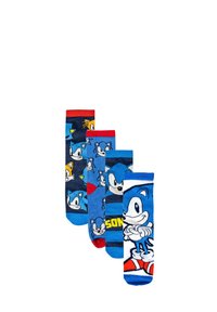 Quattro paia di calzini con design blu e navy che presentano personaggi e loghi di Sonic the Hedgehog, con dettagli in rosso e blu. Materiale in cotone.