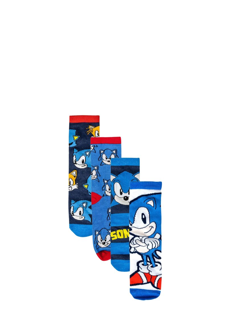 Quattro paia di calzini con design blu e navy che presentano personaggi e loghi di Sonic the Hedgehog, con dettagli in rosso e blu. Materiale in cotone.