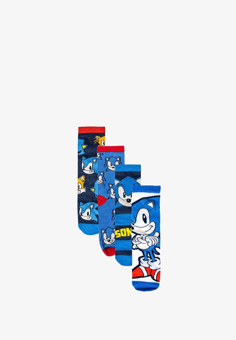 Quattro paia di calzini con design blu e navy che presentano personaggi e loghi di Sonic the Hedgehog, con dettagli in rosso e blu. Materiale in cotone.