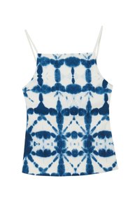 Top bianco senza maniche con spalline sottili, caratterizzato da un motivo tie-dye blu simmetrico su tutta la stoffa.
