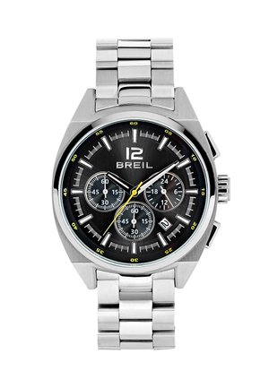 Silver stainless steel watch with a black dial, yellow accents, three sub-dials, and a date window. Features a link bracelet and bold markings.