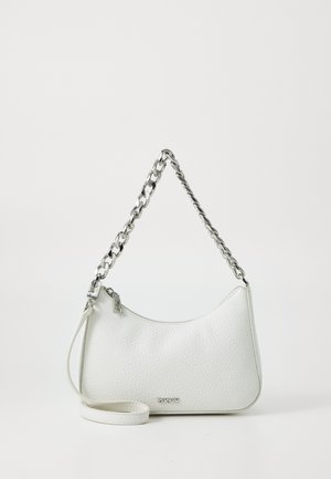 White textured leather handbag with a curved shape, silver chain strap, and a detachable slim strap. Features a zip closure and branding.