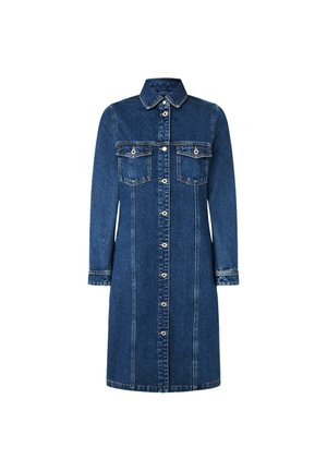 Denim obleka z gumbom spredaj, dolgimi rokavi, dvema prsnikoma in ovratnikom, s svetlo modrim pranjem in kontrastnim šivanjem.