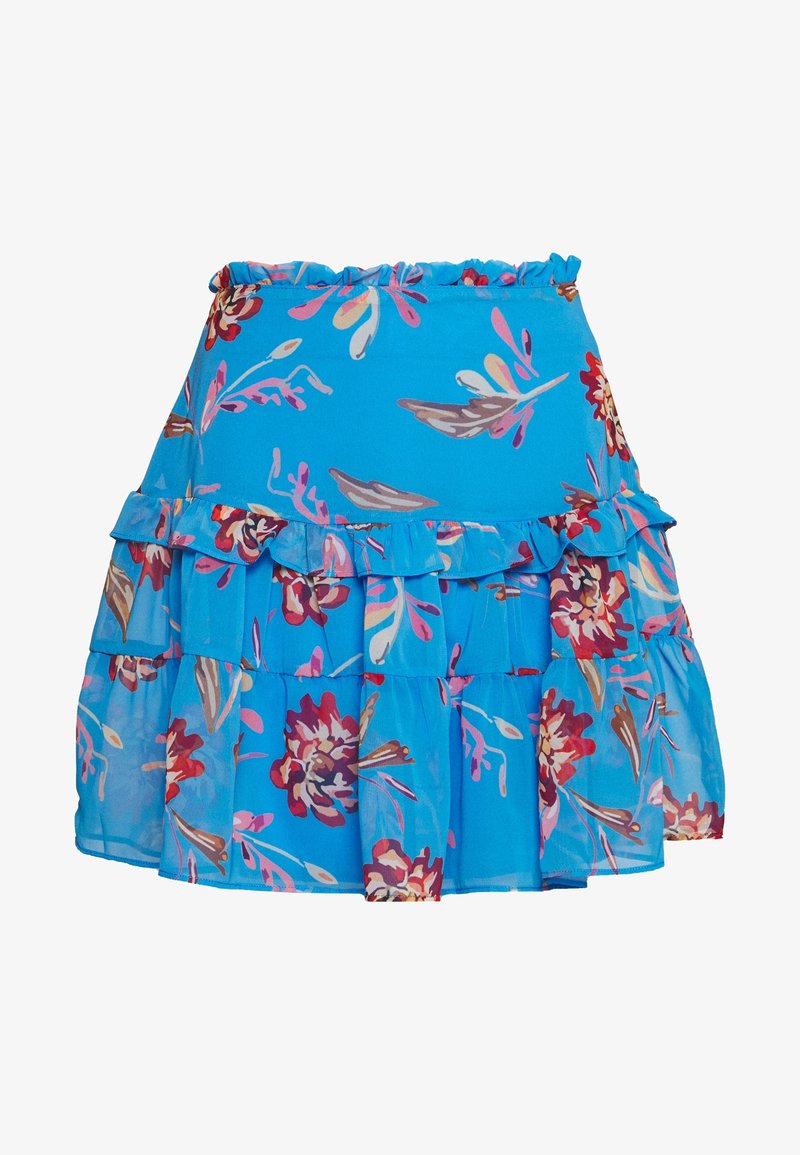Jupe bleue à fleurs avec volants superposés et taille froncée, ornée de motifs floraux et feuillus roses, rouges et marron.
