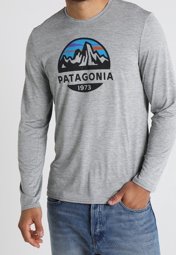 T-shirt grigio a maniche lunghe realizzato in tessuto morbido, presenta un logo circolare nero con montagne e strisce colorate, etichettato "PATAGONIA 1973."