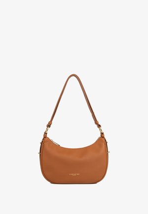 Tasche aus braunem Leder mit goldfarbenem Reißverschluss, Ringen und dem Logo "Lancaster Paris" in der Mitte auf der Vorderseite.
