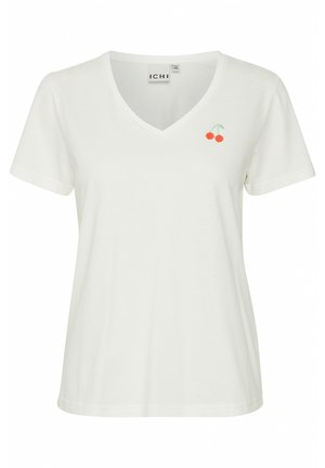 Vit bomull t-shirt med v-ringning och korta ärmar. Har små broderade körsbär i röd och grön på vänster sida.