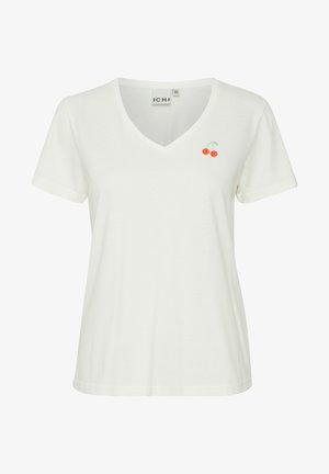 Witte katoenen t-shirt met een v-hals en korte mouwen. Heeft kleine geborduurde kersen in rood en groen aan de linkerkant.