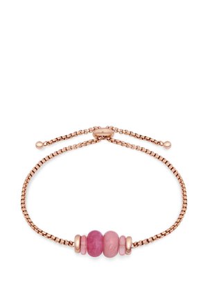 Rose gold chain bracelet with adjustable slider clasp and five pink and rose-hued beads at the center.