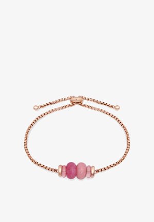 Rose guld kædearmbånd med justerbar skyderlås og fem rosa og rosenfarvede perler i midten.