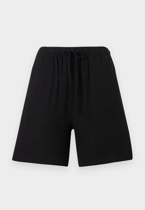 Pantaloni corti neri in lino con vita elasticizzata e coulisse. Taglio dritto, lunghezza fino al ginocchio, tessuto testurizzato, senza motivi o accenti visibili.