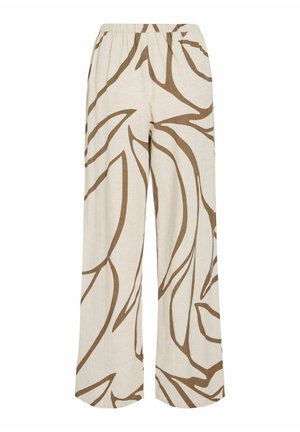 Pantalon ample beige avec motifs abstraits de feuilles marron et ceinture élastique, en tissu léger.