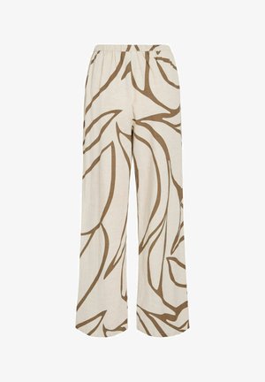 Pantalones beige holgados con patrones abstractos de hojas marrones y cintura elástica, confeccionados en tela ligera.