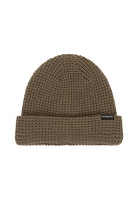 Gorro de punto en verde oliva con un patrón texturizado y un dobladillo vuelto. Incluye una pequeña etiqueta de logo negra en el costado.