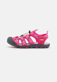 Pink outdoor sandals with black rubber soles, patterned upper straps, elastic drawstring closure, and a cushioned insole.
