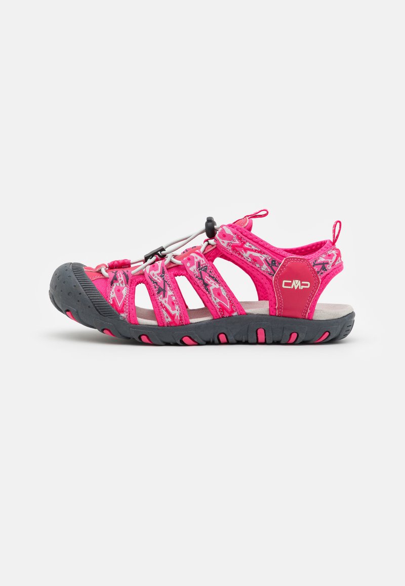 Pink outdoor sandals with black rubber soles, patterned upper straps, elastic drawstring closure, and a cushioned insole.
