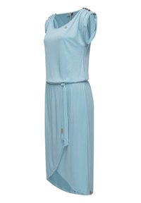 Himmelblaues Kleid mit kurzen Ärmeln, runder Ausschnitt, tailliertem Bund, strukturierten Schultereinsätzen und asymmetrischem Saum. Glattes Material.