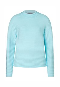 Helles blaues Rippensweatshirt mit Rundhalsausschnitt und langen Ärmeln, das ein strukturiertes Muster und eine lockere Passform aufweist.