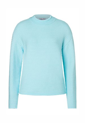 Pull à côtes bleu clair avec un col rond et des manches longues, présentant un motif texturé et une coupe ample.