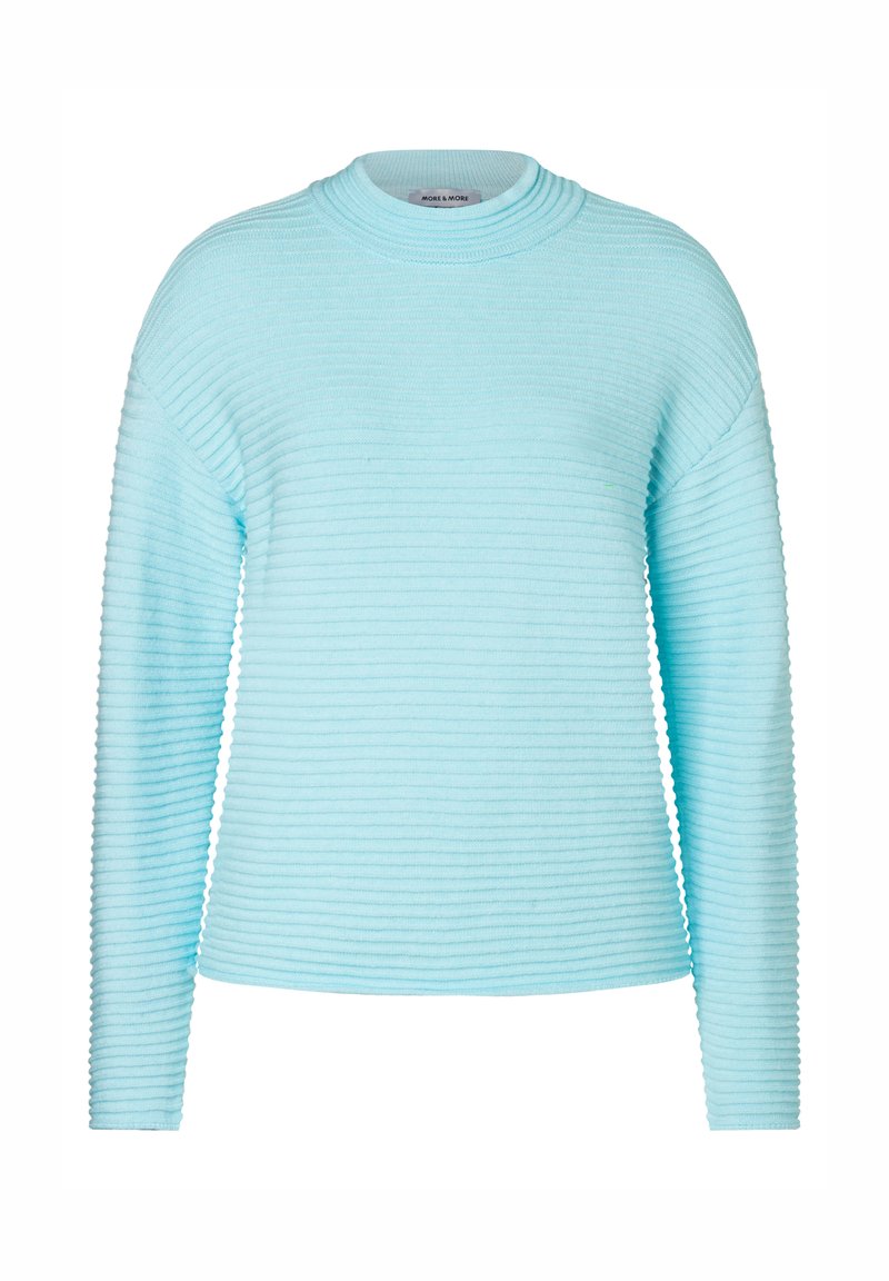 Helles blaues Rippensweatshirt mit Rundhalsausschnitt und langen Ärmeln, das ein strukturiertes Muster und eine lockere Passform aufweist.