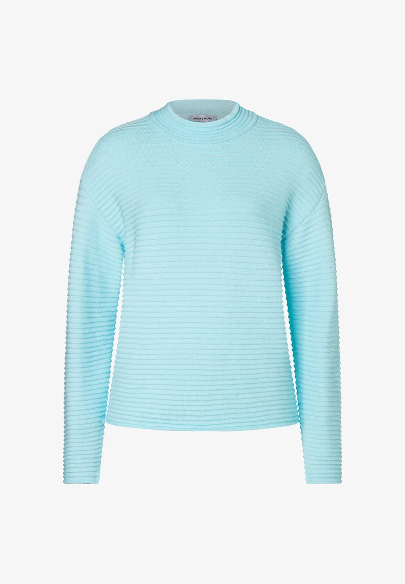 Helles blaues Rippensweatshirt mit Rundhalsausschnitt und langen Ärmeln, das ein strukturiertes Muster und eine lockere Passform aufweist.