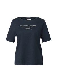 T-shirt en coton bleu marine à manches courtes et col rond. Texte en couleur claire sur le devant. Coupe classique.