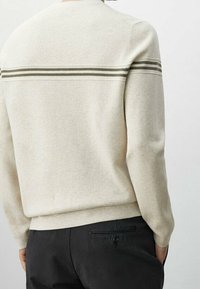 Jasno beżowy sweter z miękkiego materiału dzianinowego, z okrągłym dekoltem i poziomymi oliwkowymi paskami na plecach. Prosty design.